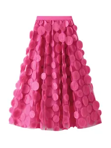 Pink A-line mesh midi skirt featuring elegant 3D circular flower appliques for women