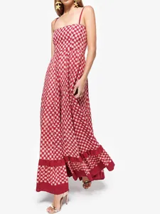 Elegant red and white checkered maxi cami dress with a ruffled hem and slim fit design