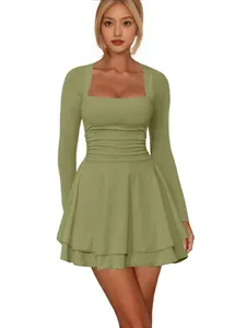 Elegant sage green square neck long sleeve mini dress with pleated hem for women