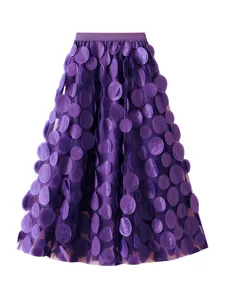 Elegant purple A-line mesh skirt with heavy 3D floral applique and high waist design.