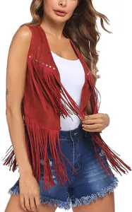 Detailed view of red faux suede sleeveless fringe vest with rivet accents on a woman