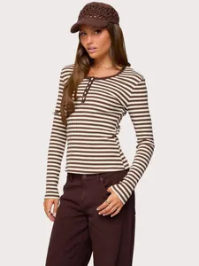 Women American Vintage Striped Long Sleeve T-Shirt Slim Fit Henley Button Collar Polyester Base Layer Ribbed Top Brown