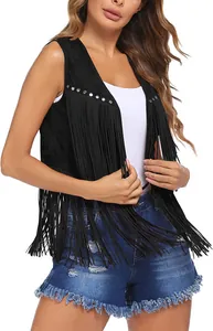 Close-up detail of a women's black faux suede fringe vest with metal studs and long tassels