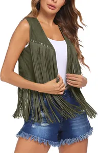Close-up detail of a women's green faux suede vest featuring long bohemian fringe