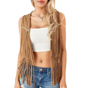 Detailed view of a brown faux suede fringe vest featuring a bohemian western style.
