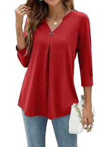 Women's 3/4 sleeve red V-neck T-shirt with pleated detail and button accent