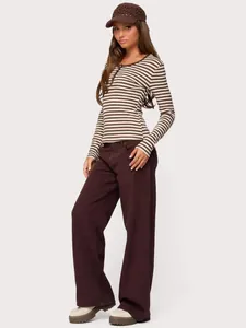 American style 5-button brown striped long sleeve slim fit T-shirt for women on model