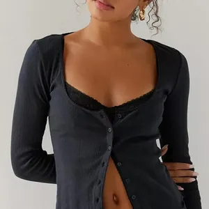 Detailed view of a black ribbed long-sleeve button-up cardigan with lace trim inner