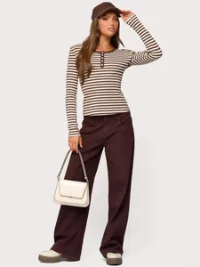 Women's slim-fit brown striped long sleeve T-shirt with five-button round neck.