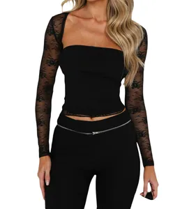 Detailed close-up of a sexy black sheer floral lace two-piece top set for women