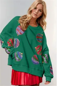 Sweat-shirt de Noël vert pour femmes avec broderies de boules en paillettes colorées