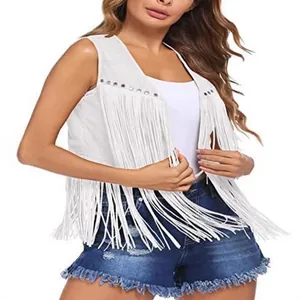 Chic white faux suede fringe vest with silver rivet details for women’s western style
