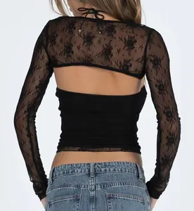 Back view detail of a sexy black sheer floral lace two-piece long sleeve top for women