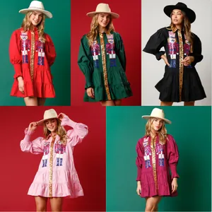 Variety of Christmas nutcracker sequin mini dresses with puff sleeves in five vibrant colors.