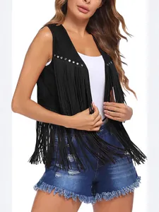 Women's black faux suede fringe vest with stud detail shown on a professional model