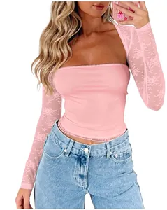 Detailed shot of a pink sheer lace long sleeve two-piece top set for women fashion