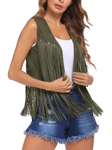 Women's chic green faux suede fringe vest jacket featuring stylish metal stud detail