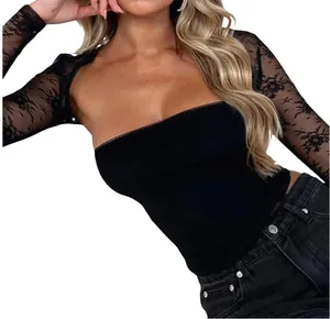 Sexy black two-piece lace top set with long sheer sleeves and tube top for women