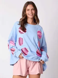 Sweat-shirt bleu clair à la mode avec des motifs de Noël en paillettes roses pour femmes