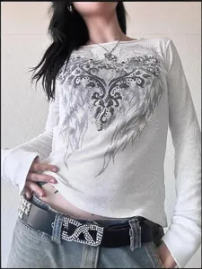Top de Algodón de Punto Gofre Vintage Punk para Mujer Ajuste Delgado Manga Larga Cuello Redondo Gráfico Alas de Plumas Estampado Pedrería Streetwear Ropa