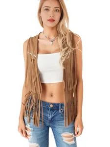 Women's brown faux suede fringe vest with stud details, sleeveless open-front jacket