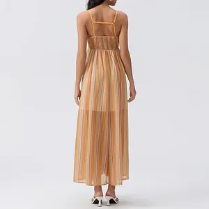 Vue arrière d'une robe longue colorée à rayures avec un bustier froncé et élastique
