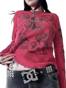 Camiseta vintage roja de punto gofrado de manga larga con alas de strass mujer