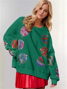 Sweat-shirt vert pour femme avec broderies de boules de Noël pailletées multicolores