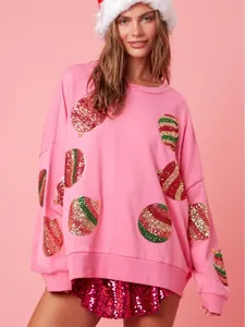 Sweat-shirt de Noël rose pour femme avec broderie festive de paillettes brillantes