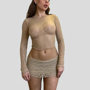 Detailed view of sheer tan lace long-sleeve crop top and matching mini skirt set
