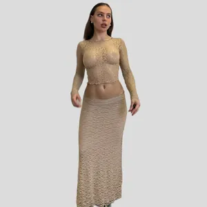 Detailed full-body shot of a sheer floral lace matching set in an elegant beige tone.