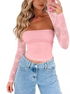 Sexy pink lace two-piece long sleeve top set with matching tube top for women 2024