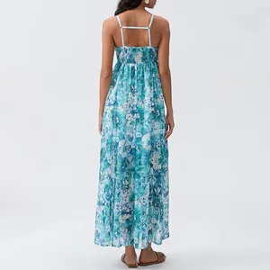 Vue arrière détaillée d'une robe longue à fleurs bleue avec bretelles réglables