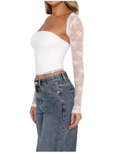 Women's sexy two-piece set featuring a white lace long sleeve shrug and tube top