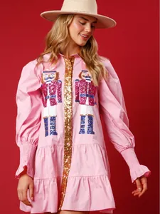 Pink long sleeve Christmas lapel dress featuring festive sequin nutcracker embroidery