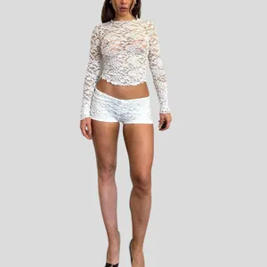 Detailed view of white floral lace sheer long-sleeve T-shirt and matching shorts