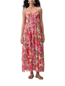 Women Summer Floral Print Sling Maxi Dress Bohemian Strappy V-Neck Pleated Vacation Party Long Dress For Beach Daily Wear