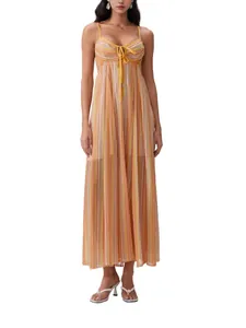 Elegant sleeveless spaghetti strap maxi dress with colorful vertical striped print