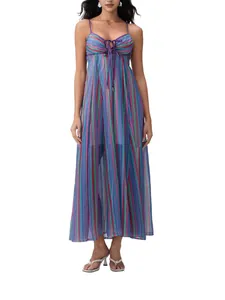 Fashionable women's colorful striped camisole maxi dress with tie-front detail