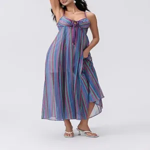 Vibrant colorful vertical striped maxi slip dress for summer beach and casual wear