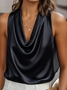 Elegant black satin sleeveless top featuring a sophisticated cowl neck detail