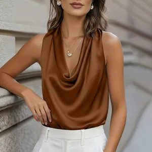 Elegant brown satin sleeveless top with cowl neck draping detail for women