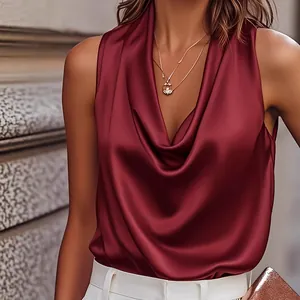 Elegant wine red cowl neck sleeveless satin blouse for women