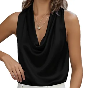 Elegant black satin cowl neck sleeveless top featuring a sophisticated draped silk-like finish