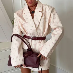 Vintage floral print long sleeve blazer jacket for women with notched lapel and belt