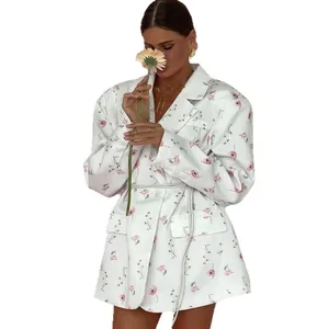 Stylish white floral print blazer with tie-waist for women, spring fashion jacket