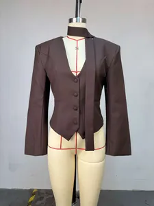 Vue de face d'un blazer marron foncé à col en V avec écharpe intégrée sur un mannequin
