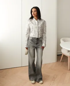 Elegant women's short blazer jacket featuring chic grey ink floral print and long sleeves