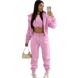 Conjunto de chándal rosa de 3 piezas para mujer con sudadera con capucha