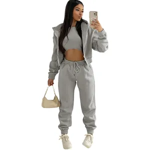 Chándal de forro polar gris de 3 piezas para mujer con sudadera, top corto y joggers